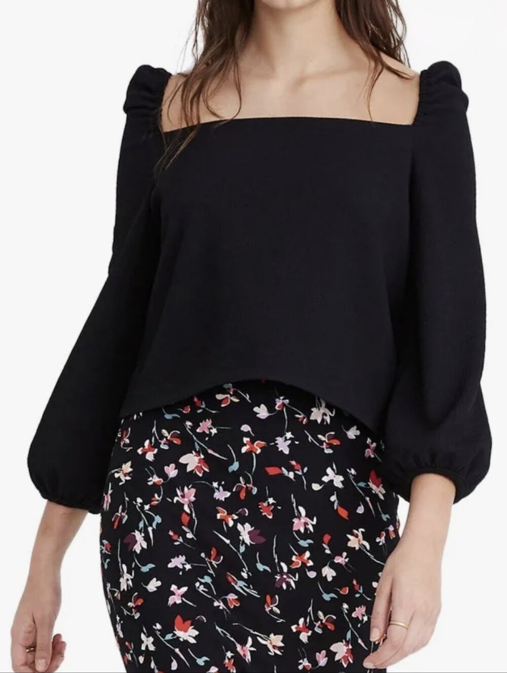$22 Madewell Size Medium Crepe Square Neck Puff Sleeve Top Black EUC